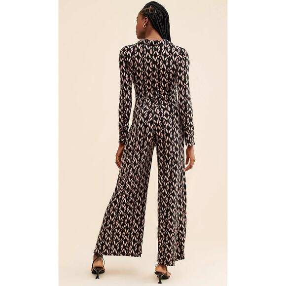 Free people brown Black Pattern Ruched  Wide Leg Jumpsuit - Picture 6 of 7